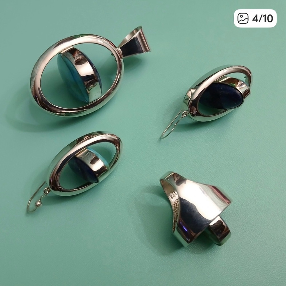 Sterling Silver reversible Turquoise and Lapis Jewelry Set - Picture 6 of 7